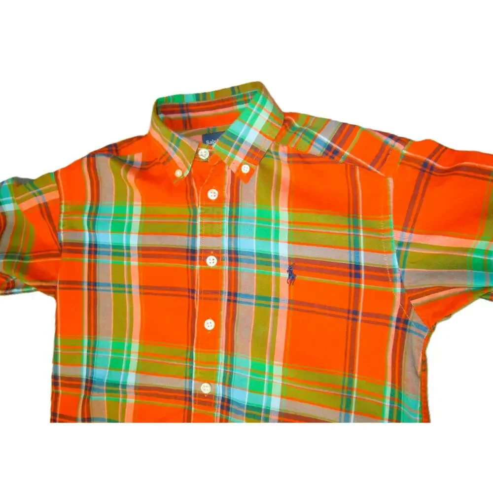 Ralph Lauren Boys Bright Plaid Button Down Shirt Orange Green Blue Size Small 8